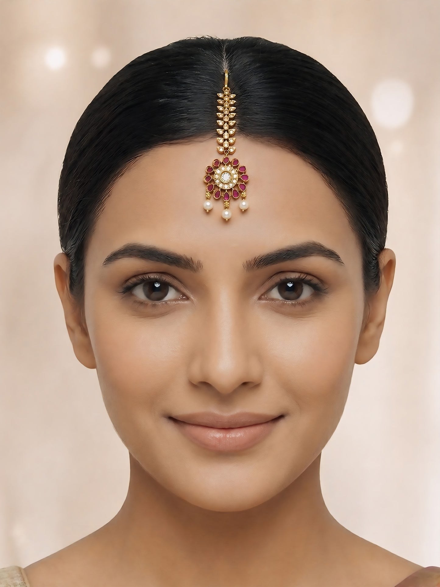 Gold Plated Red American Diamond Maang Tikka for Women