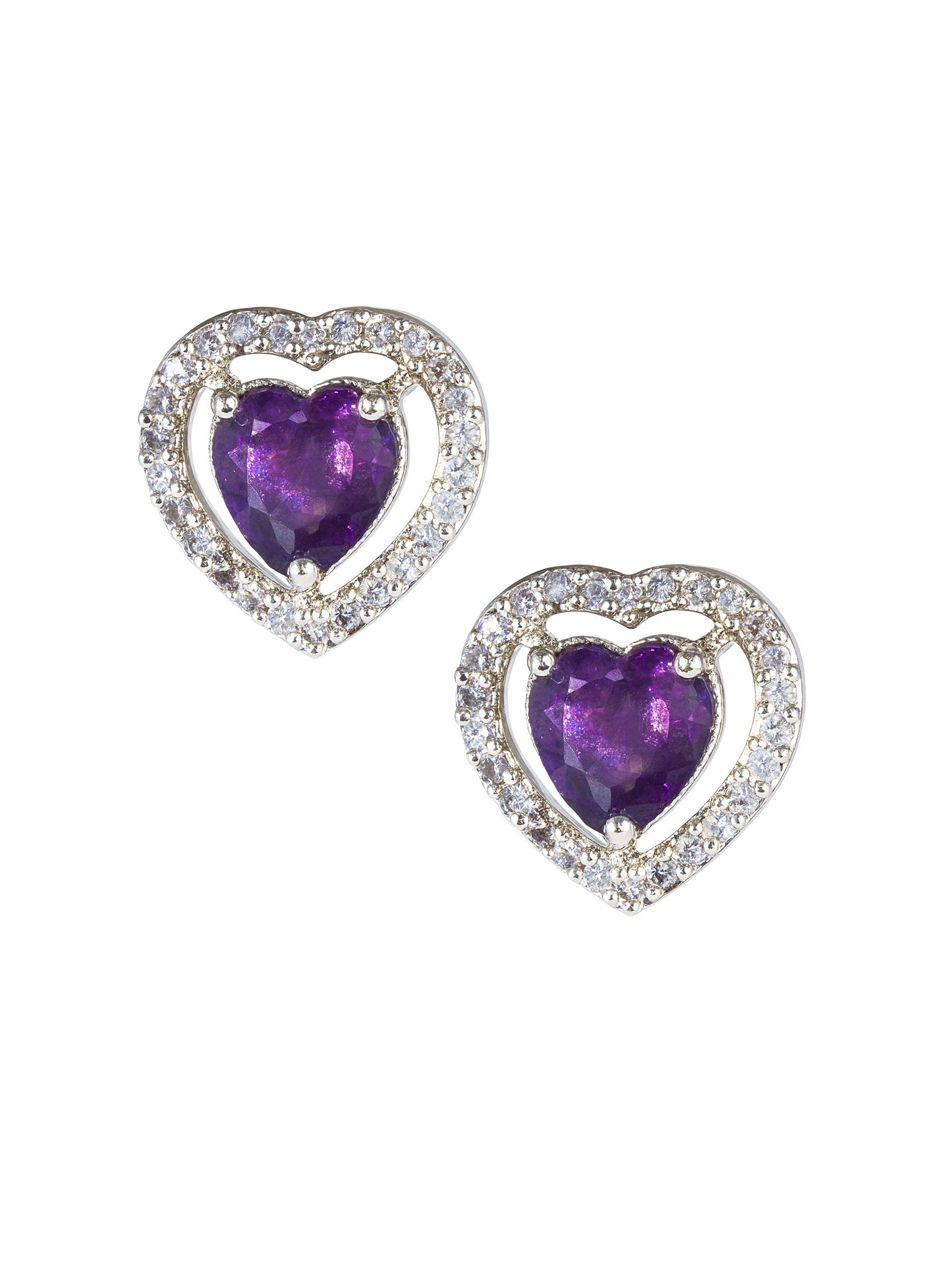 Silver Plated Purple American Diamond Heart Stud Earrings for Women