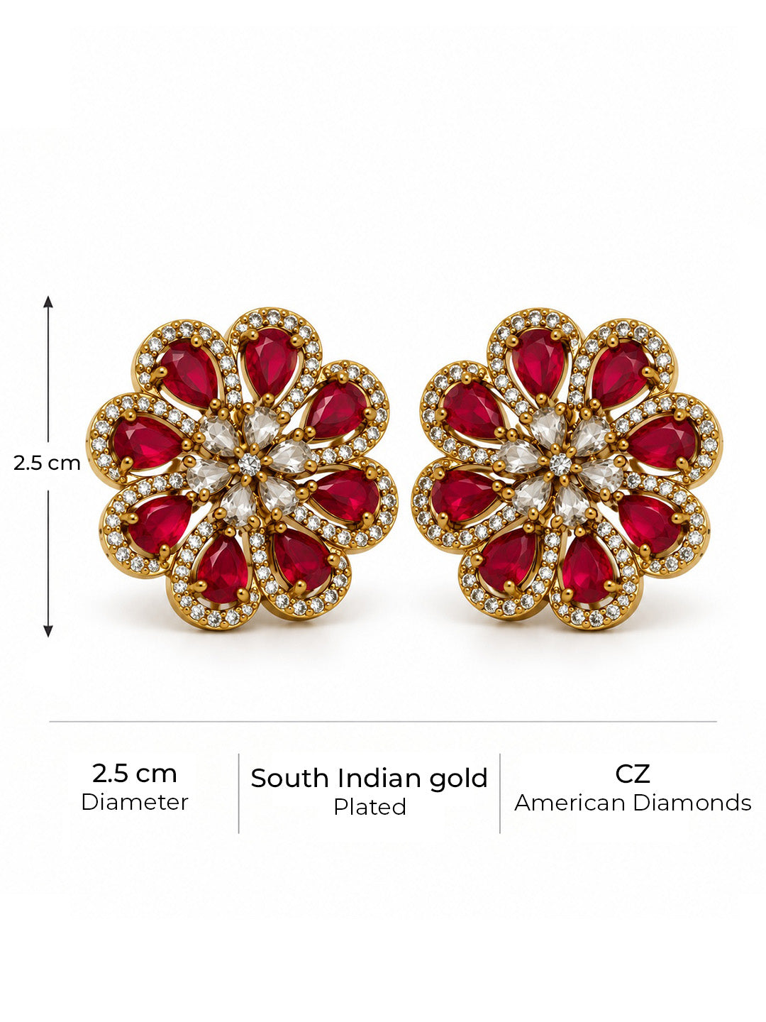 South Indian Gold Plated Red AD Floral Stud Earrings for Women