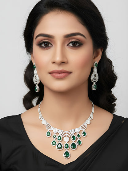 Silver Plated Green & White AD Designer Jewellery Set