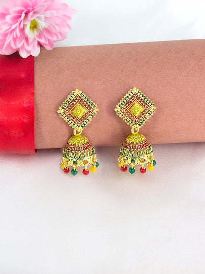 Gold Plated Square Multi Color Artificial Beaded Jhumki Earrings