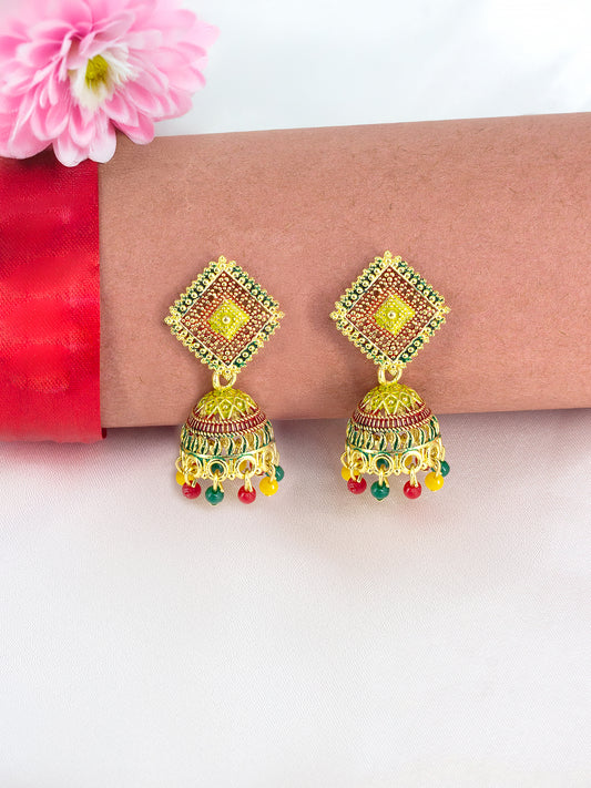 Gold Plated Square Multi Color Artificial Beaded Jhumki Earrings