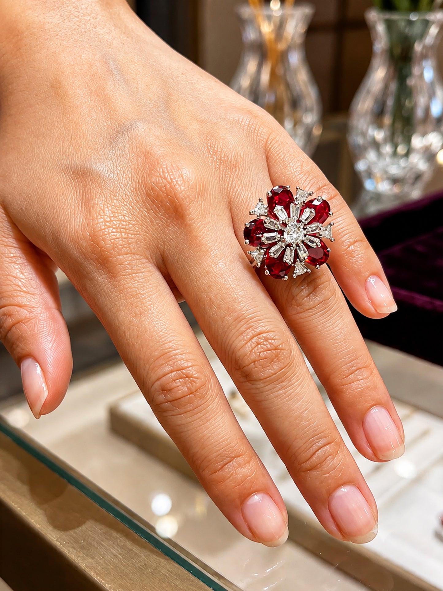Rhodium Plated Red AD Floral Finger Ring for Women