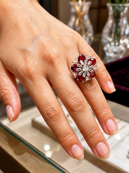 Rhodium Plated Red AD Floral Finger Ring for Women