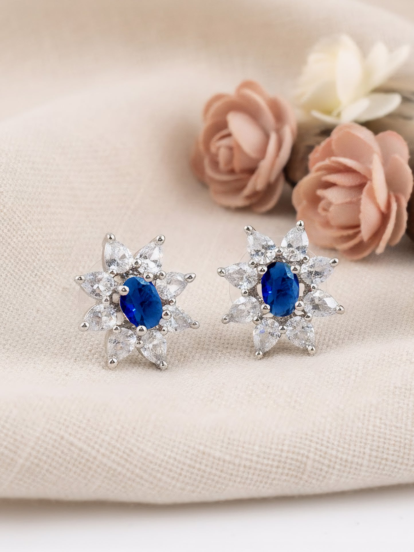 Rhodium Plated Blue AD Floral Studs for Women