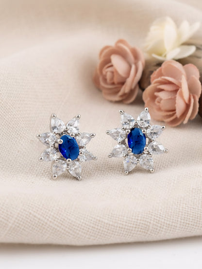Rhodium Plated Blue AD Floral Studs for Women