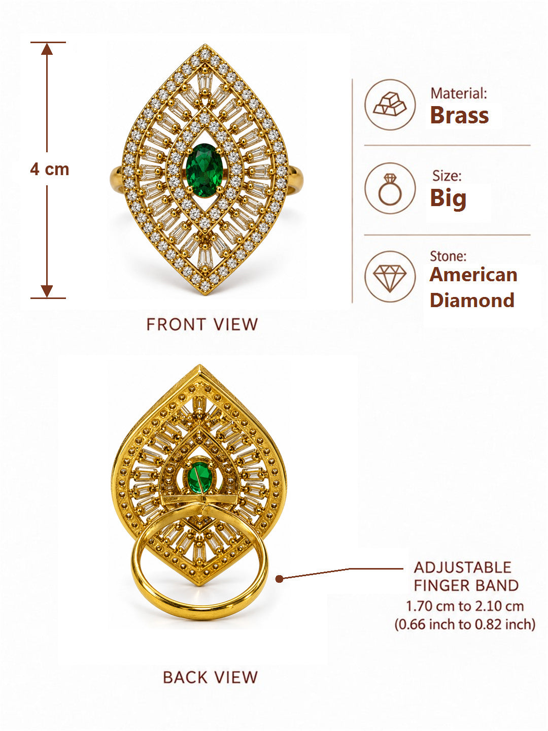 Antique Gold Plated Green AD Finger Ring for Women