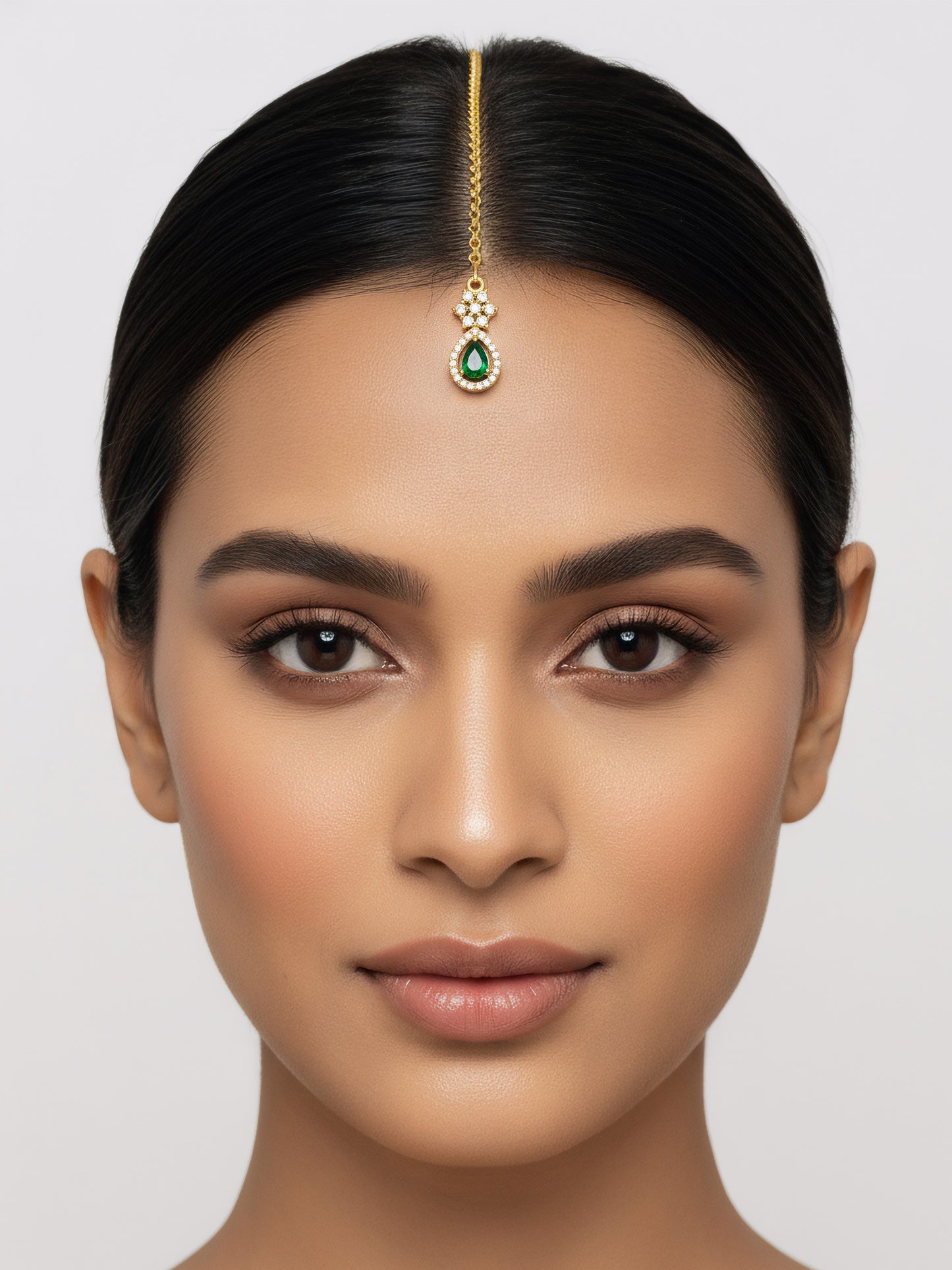 Gold Plated Green AD Teardrop Maang Tikka for Women