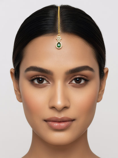 Gold Plated Green AD Teardrop Maang Tikka for Women