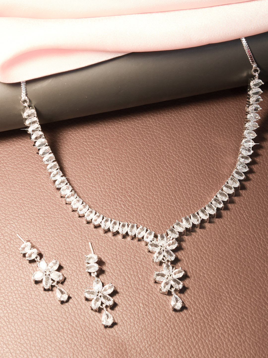 Rhodium Plated American Diamond Floral Drop Jewellery Set