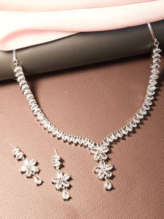 Rhodium Plated American Diamond Floral Drop Jewellery Set