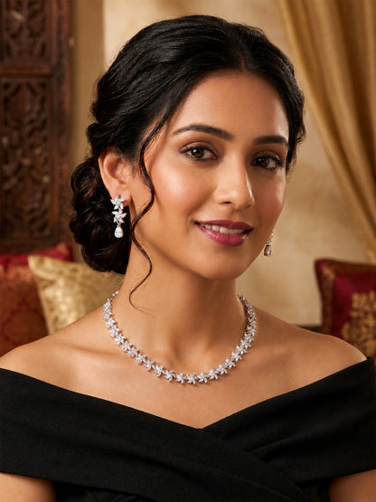 Silver Plated AD Floral Jewellery Set for Women