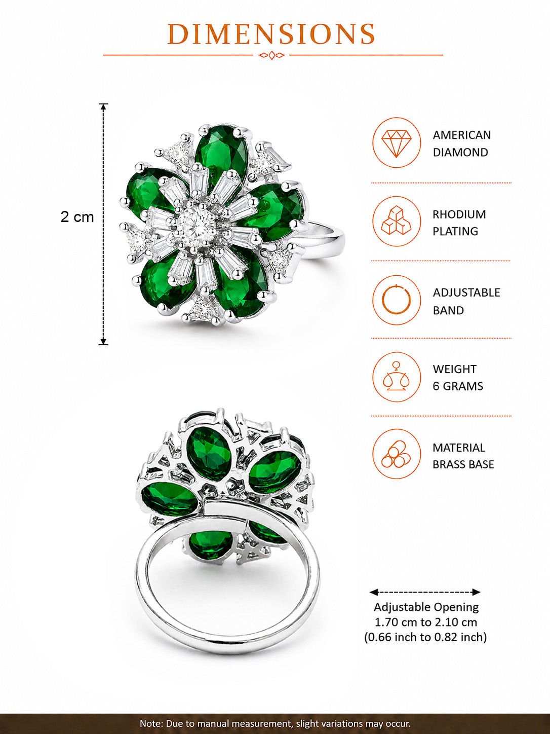 Rhodium Plated Green AD Floral Finger Ring for Women