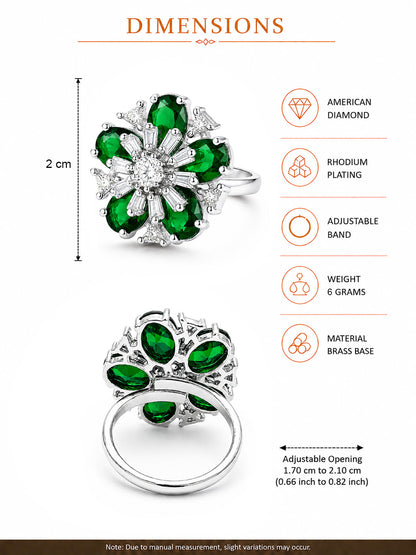 Rhodium Plated Green AD Floral Finger Ring for Women