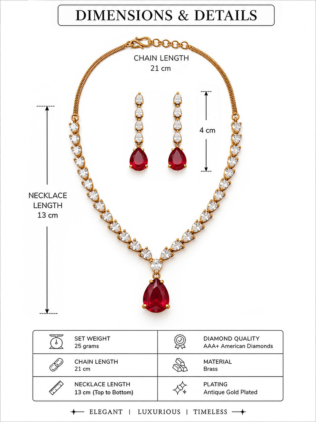 South Indian Gold Plated Red AD Teardrop Jewellery Set for Women