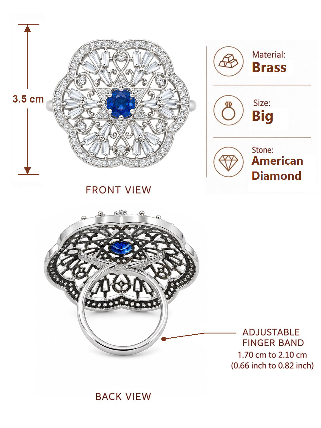Silver Plated Blue AD Finger Ring for Women