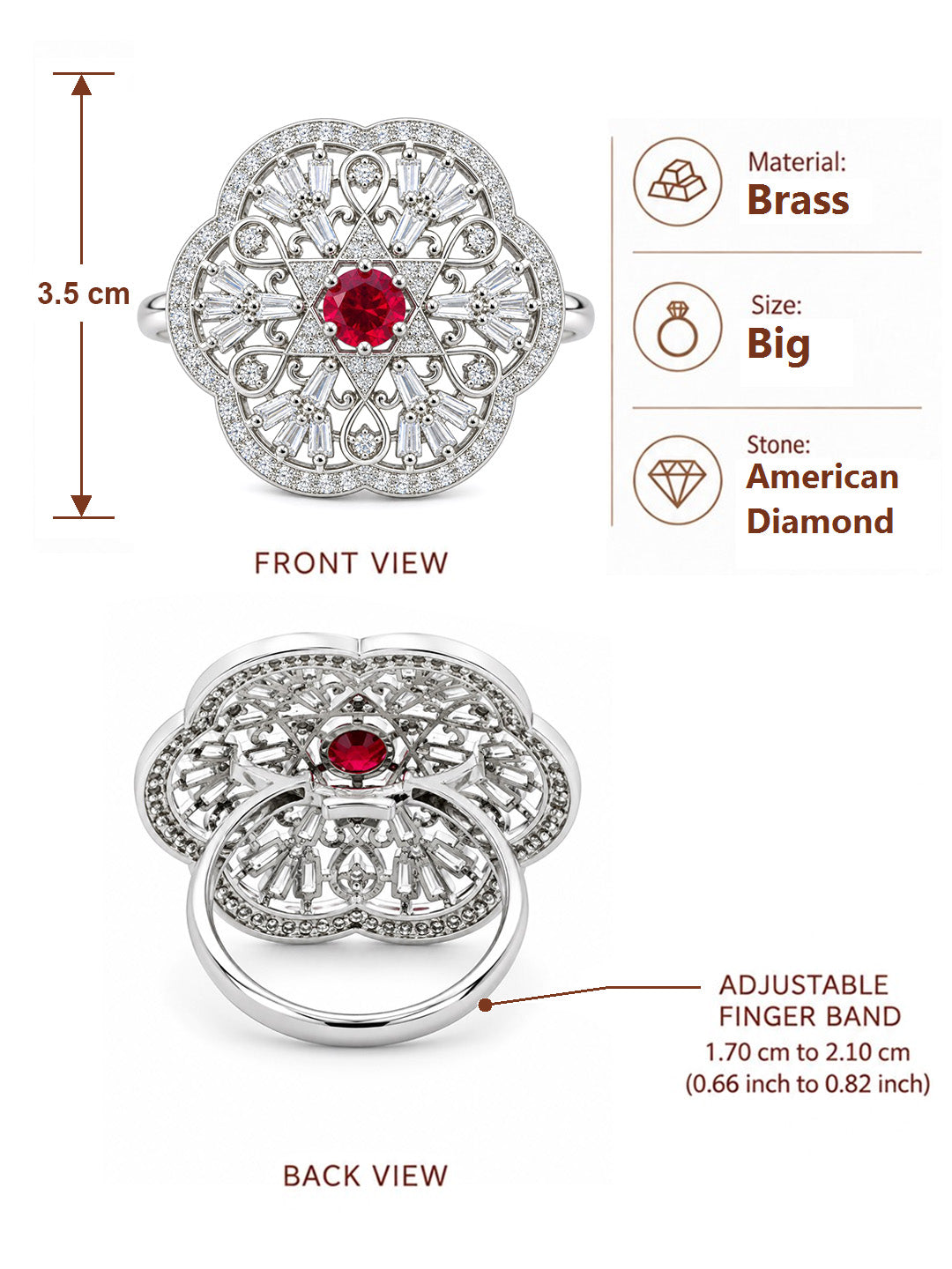 Silver Plated Red AD Finger Ring for Women