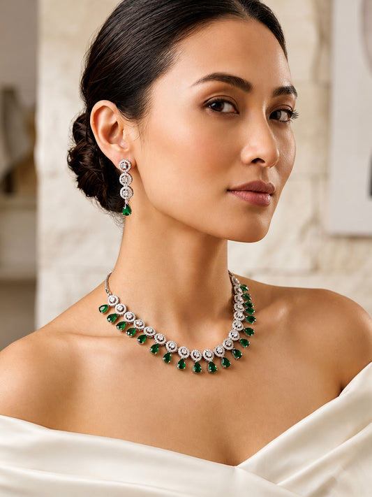 Silver Plated Green AD Jewellery Set for Women