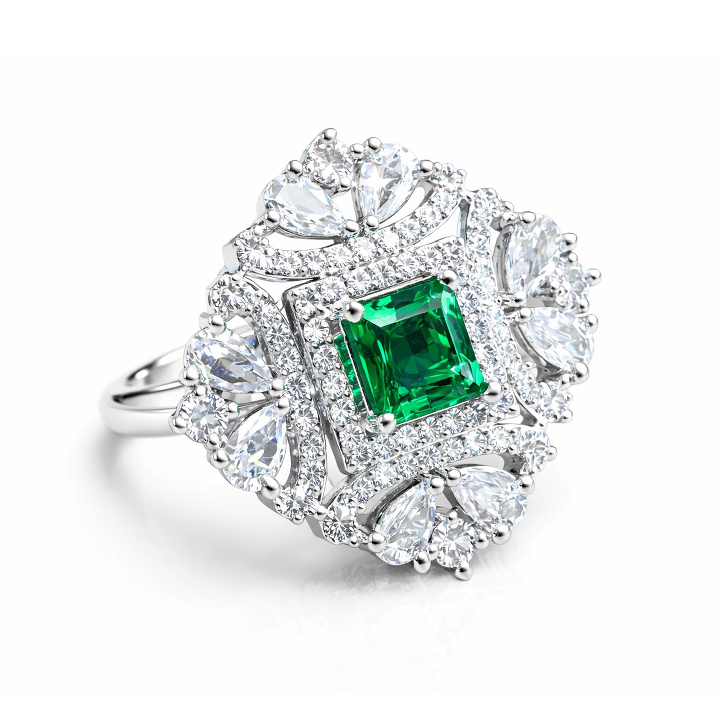 Silver-Plated American-Diamond Studded Floral Design Adjustable Finger Ring