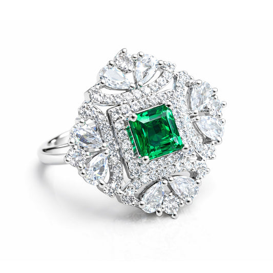 Silver-Plated American-Diamond Studded Floral Design Adjustable Finger Ring