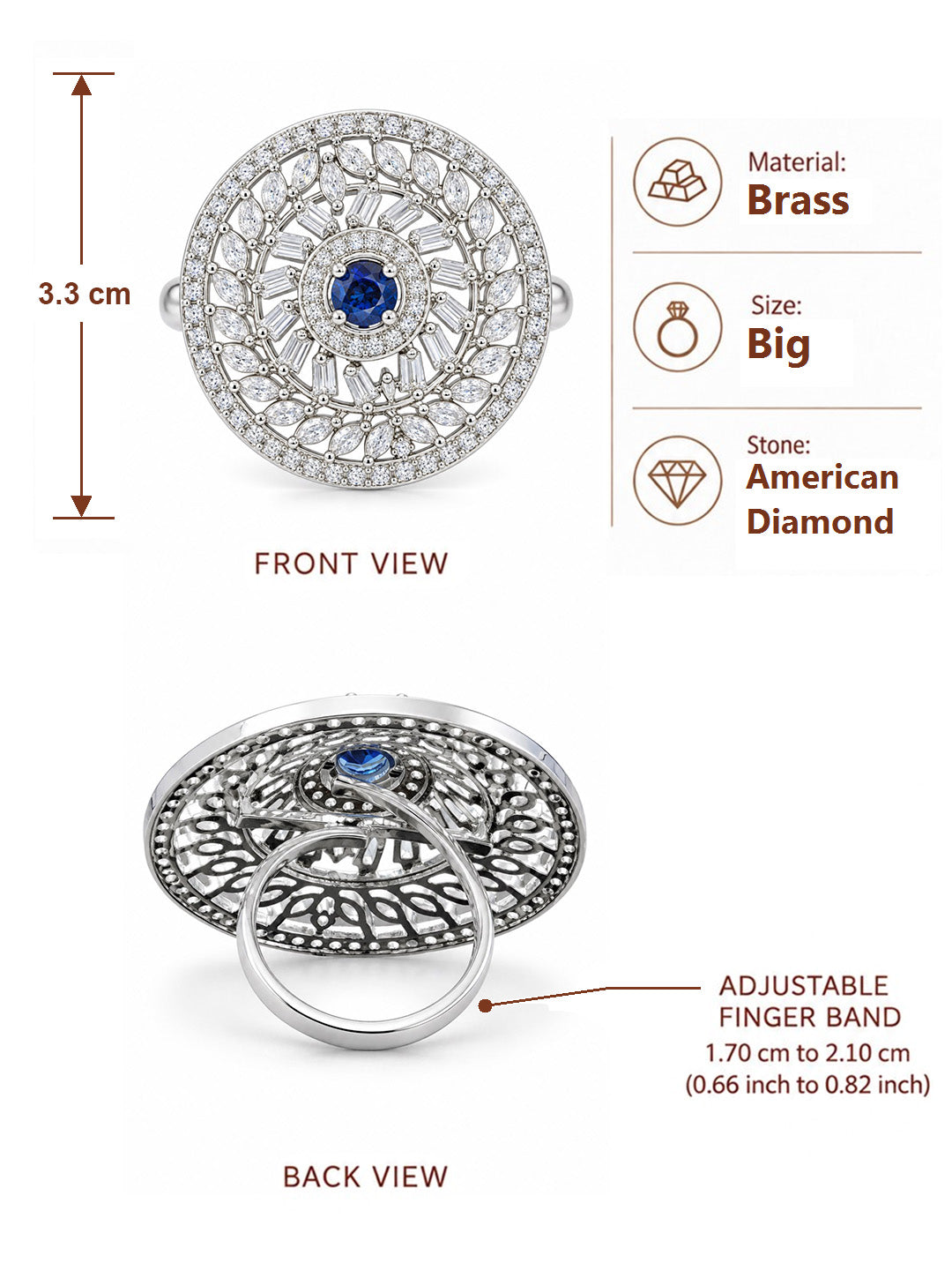 Silver Plated Blue AD Finger Ring for Women