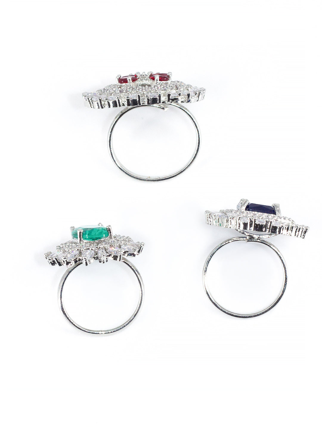 Pack of 3 Red Blue and Green Statement AD-Studded Adjustable Ring
