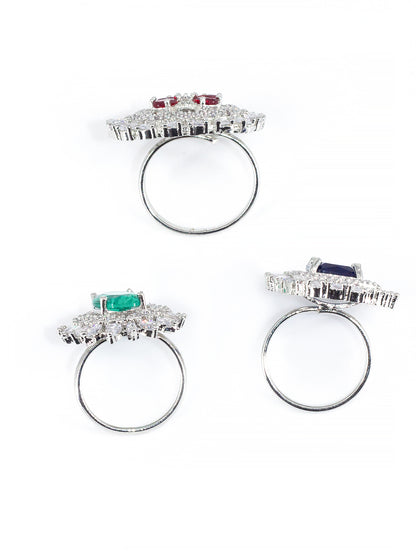 Pack of 3 Red Blue and Green Statement AD-Studded Adjustable Ring