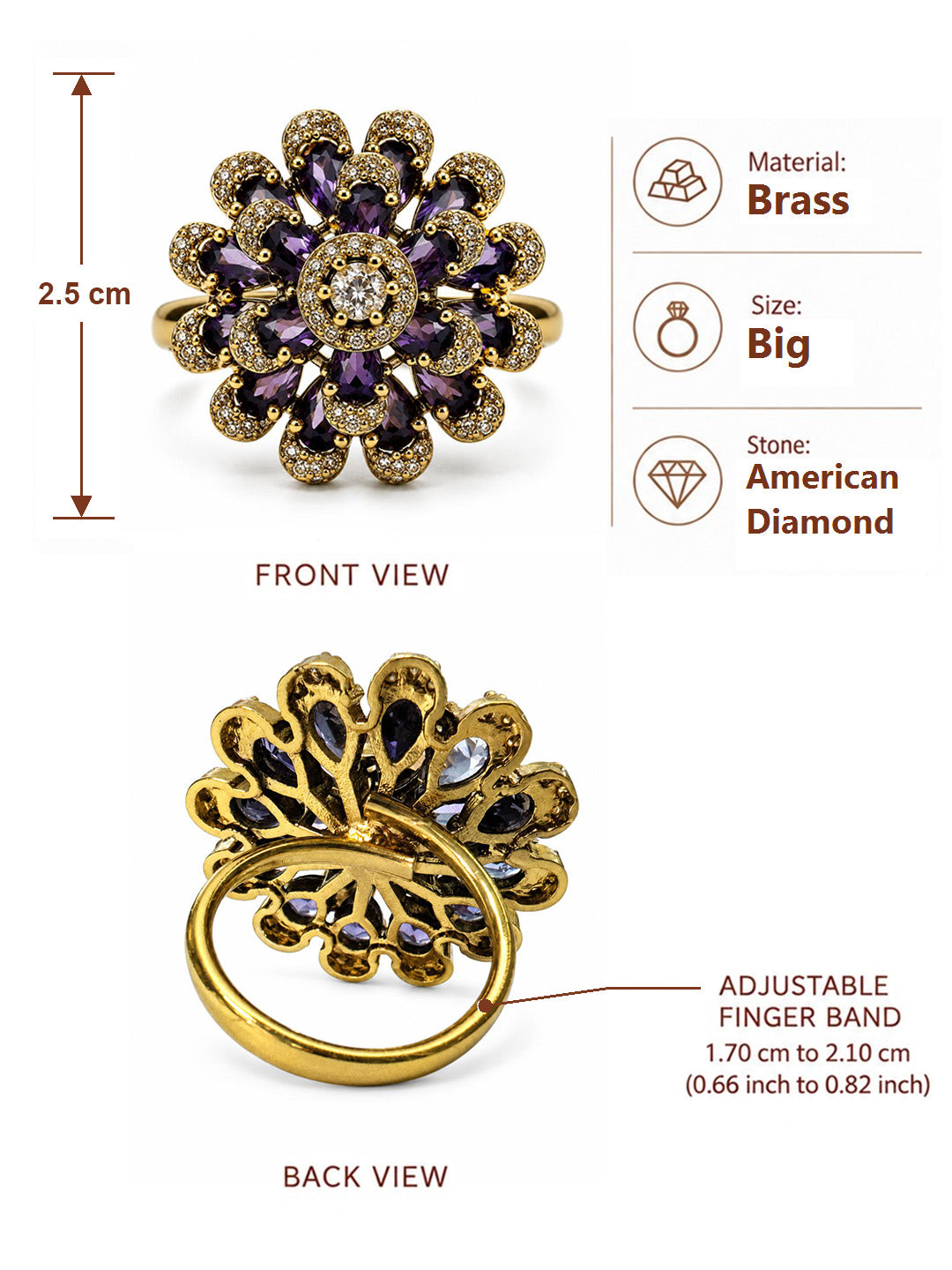 Antique Gold Plated Purple AD Floral Finger Ring for Women