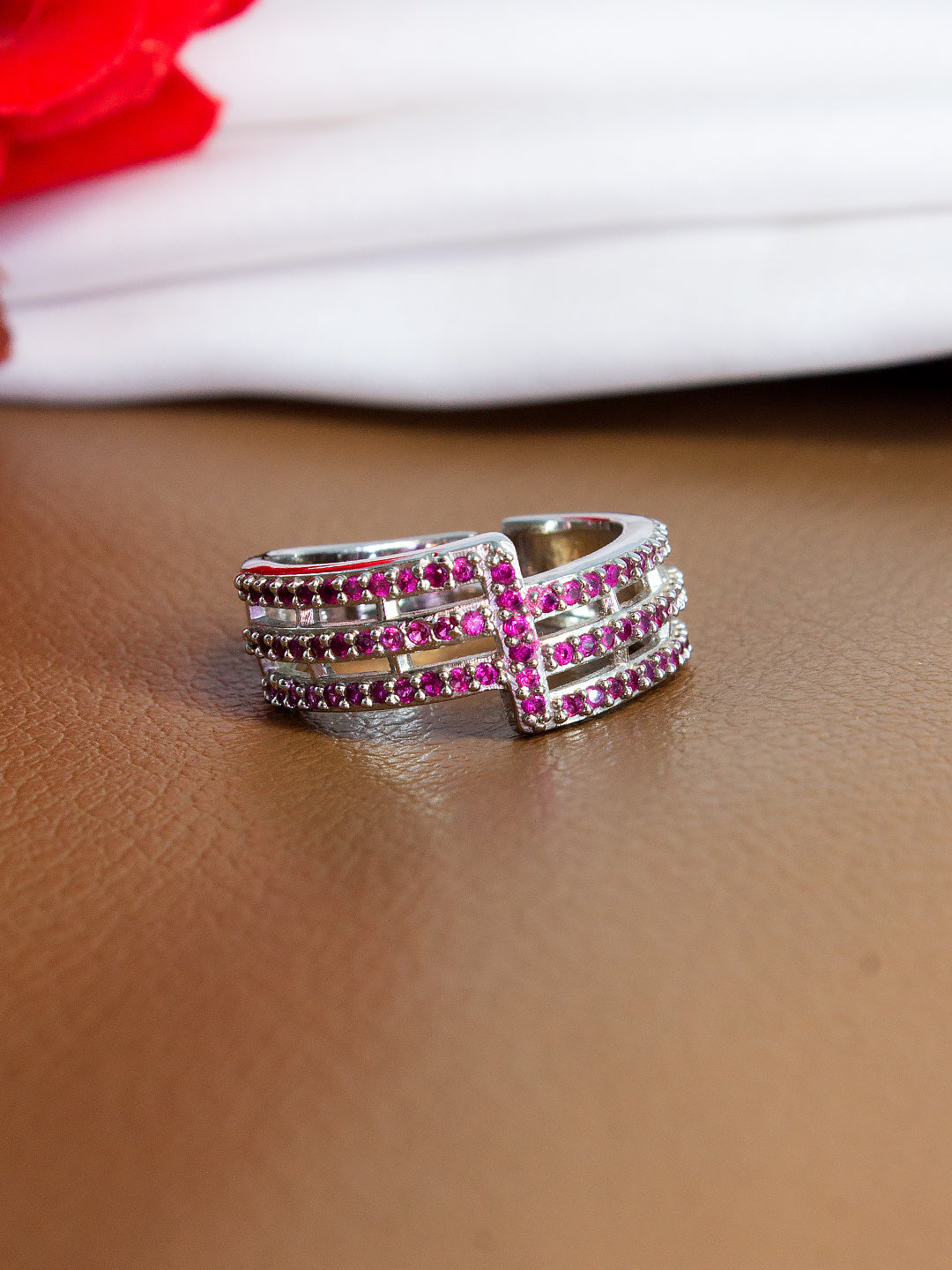 Silver-Plated American-Diamond Studded Adjustable Finger Ring