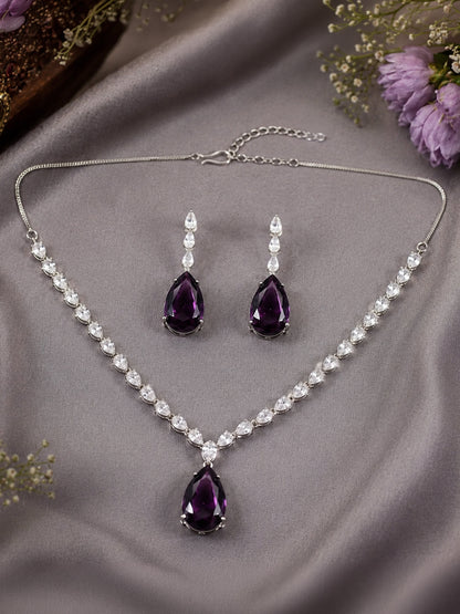 Silver Plated Purple Teardrop AD Jewellery Set for Women
