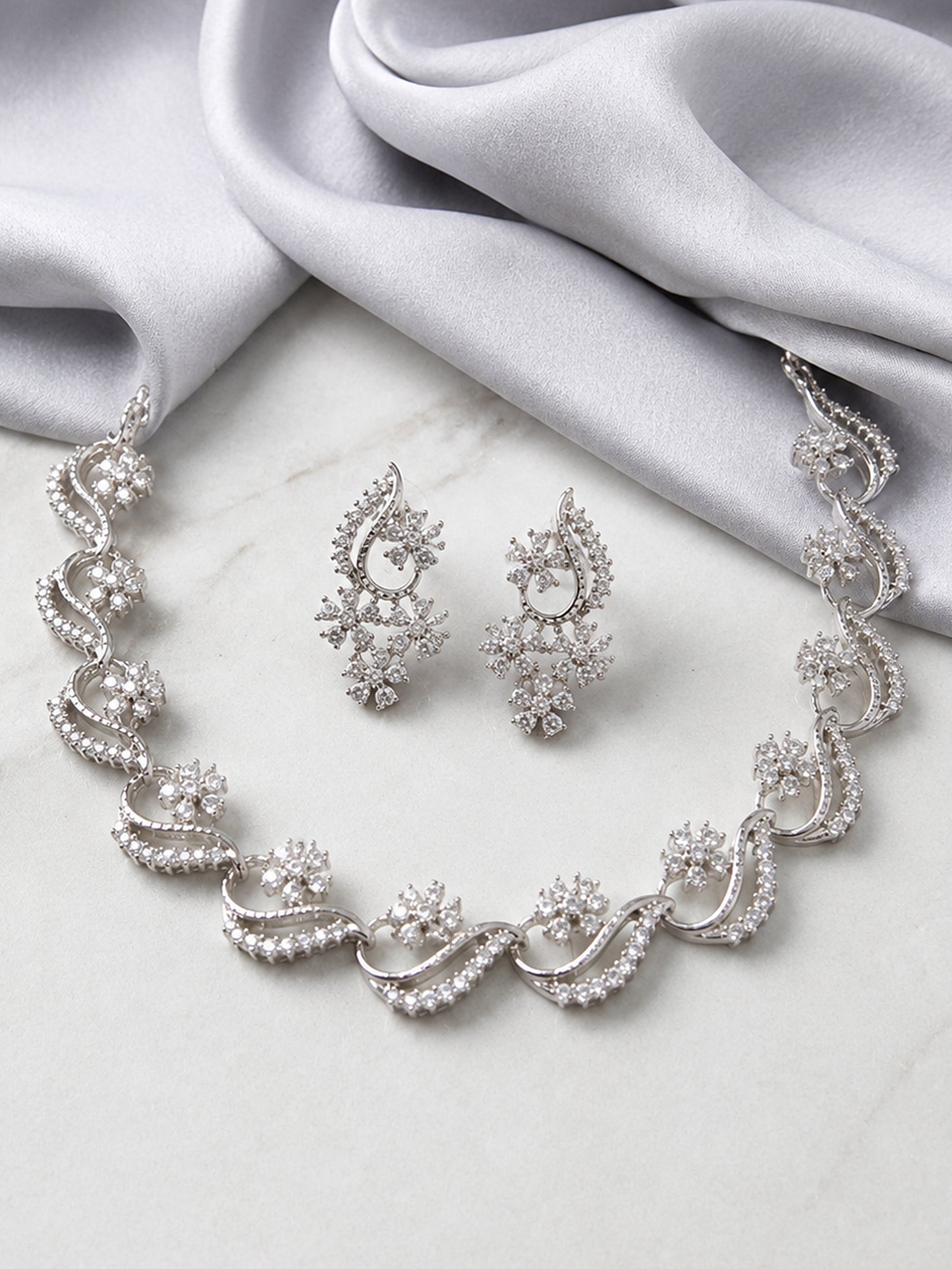 Silver Plated AD Floral Jewellery Set for Women