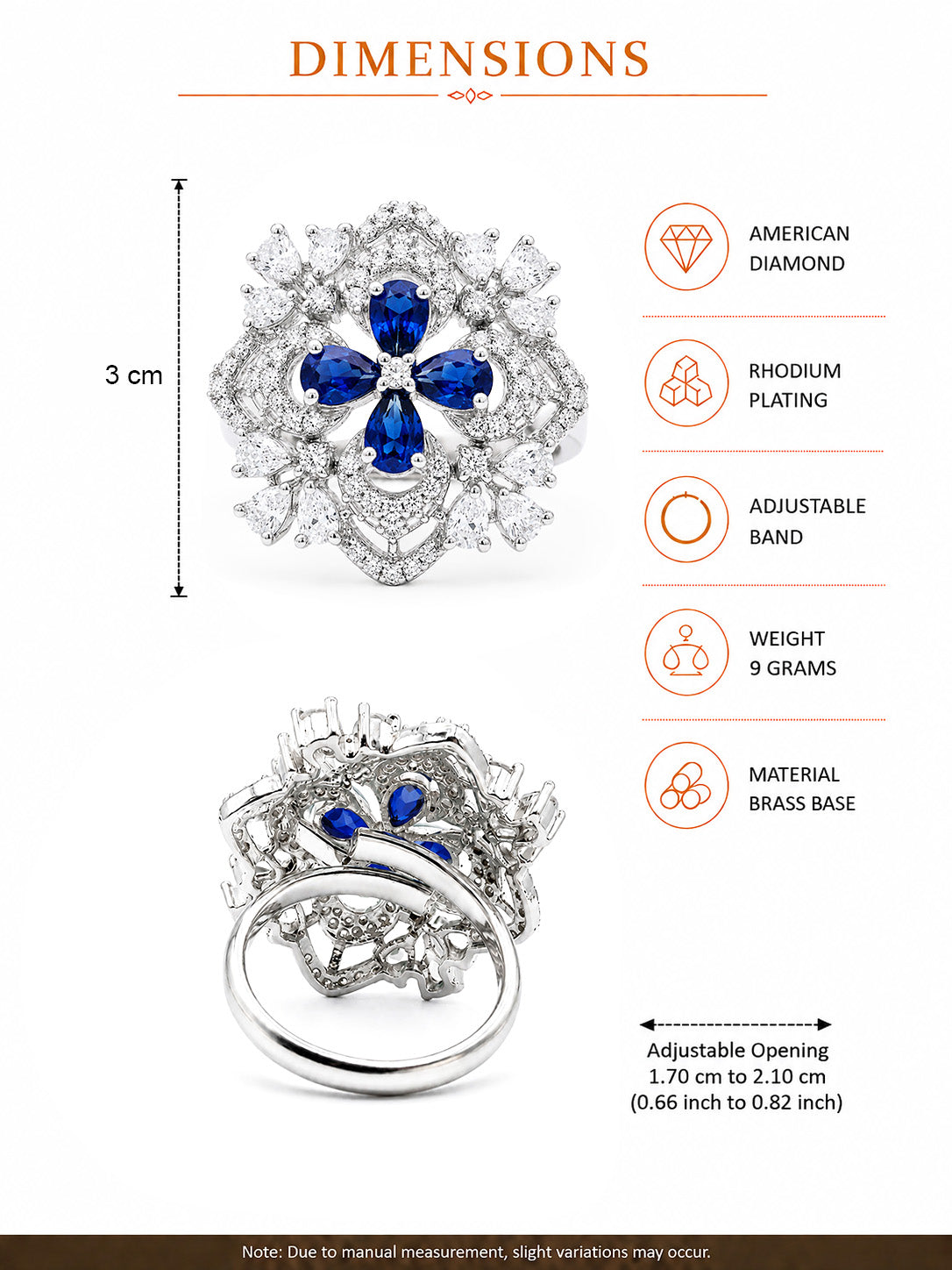 Rhodium Plated Blue AD Floral Finger Ring for Women