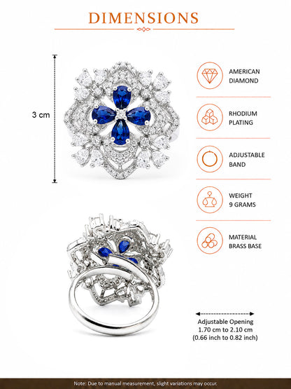 Rhodium Plated Blue AD Floral Finger Ring for Women