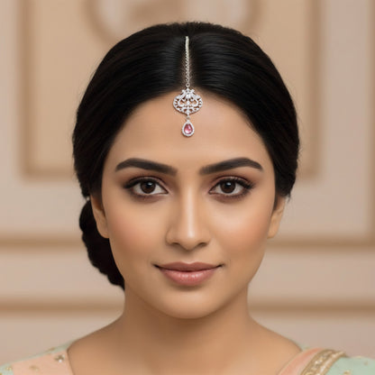 Silver Plated Pink AD Peacock Maang Tikka for Women