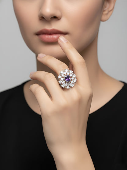 Silver Plated Purple AD Floral Adjustable Ring for Women