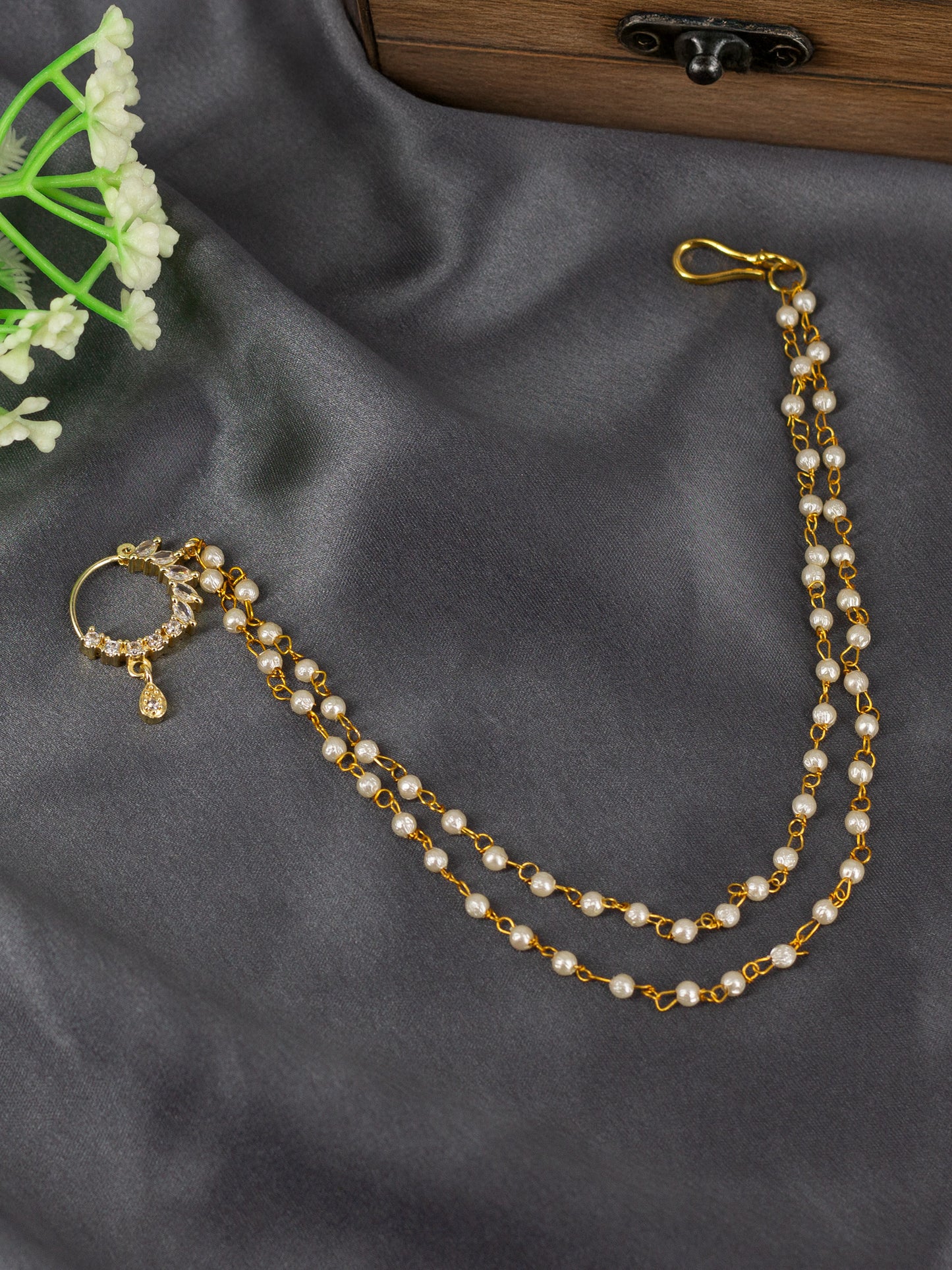 Gold Plated AD Nose Ring with 2 line Pearl Chain