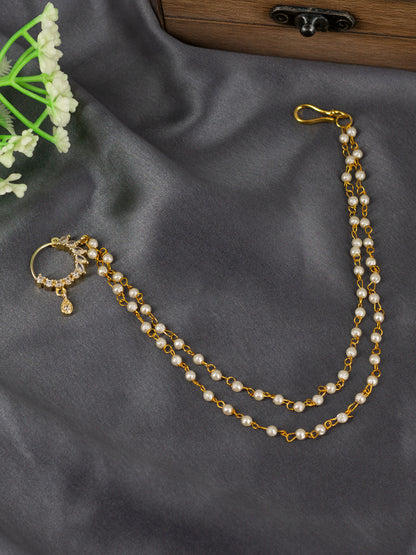 Gold Plated AD Nose Ring with 2 line Pearl Chain
