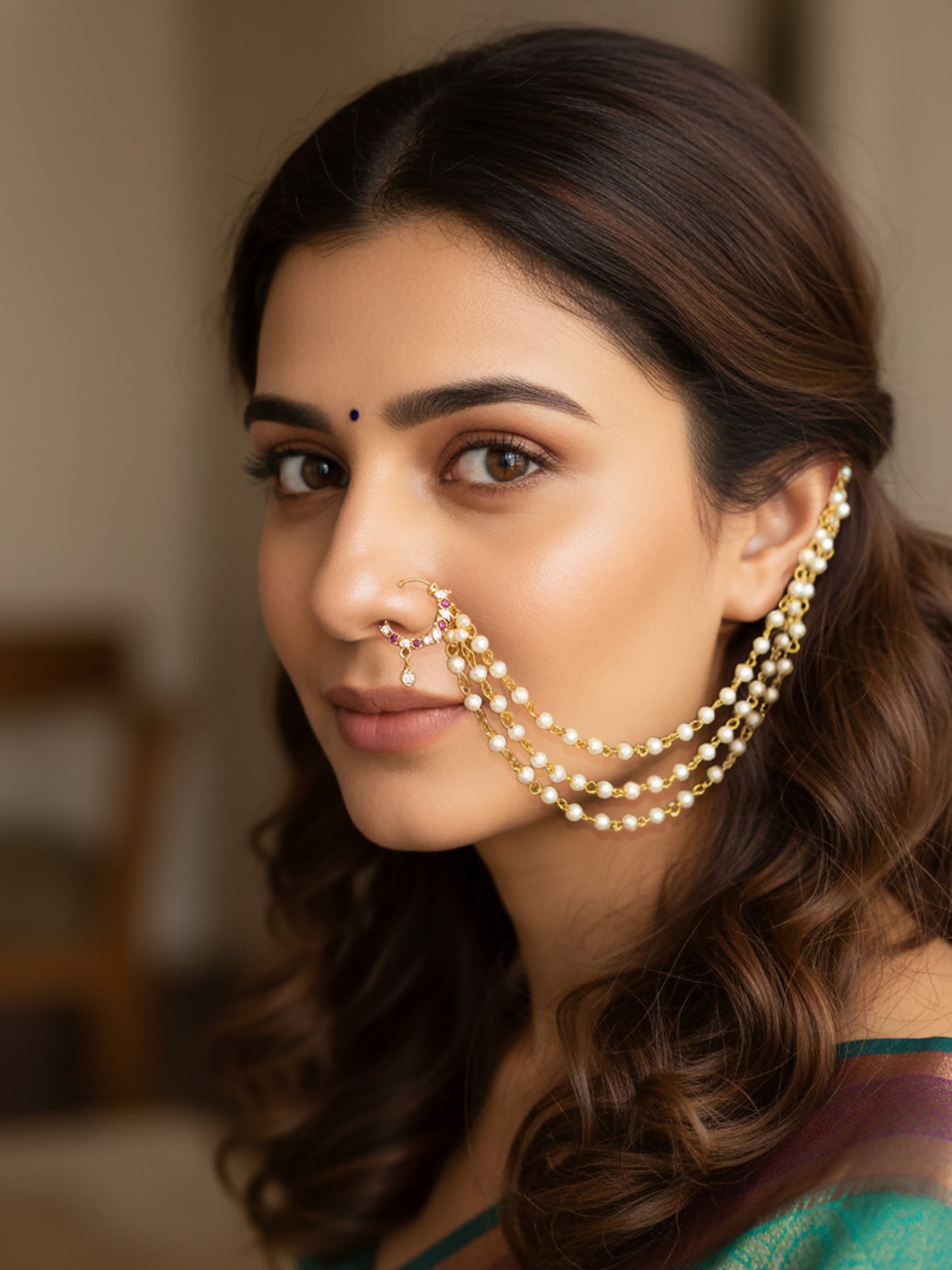 Gold Plated Red AD Nose Ring with 3 line Pearl Chain