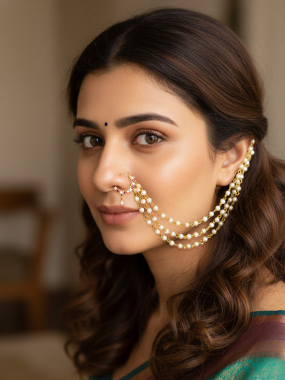 Gold Plated Red AD Nose Ring with 3 line Pearl Chain