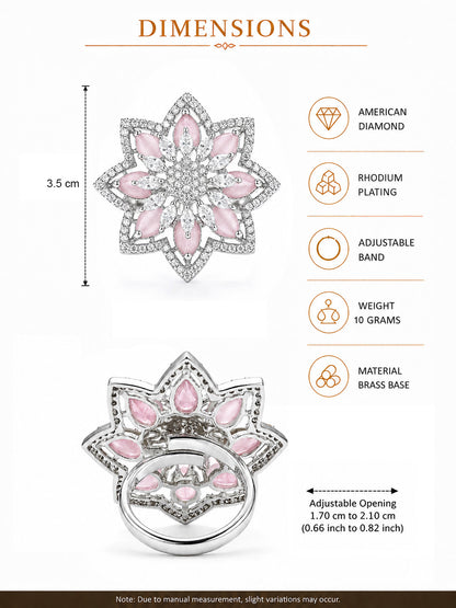 Silver Plated Pink AD Floral Finger Ring for Women
