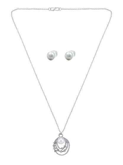 Silver Plated Pearl & CZ Pendant & Studs Set