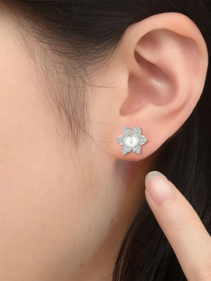 Rhodium Plated AD Floral Stud Earrings for Women
