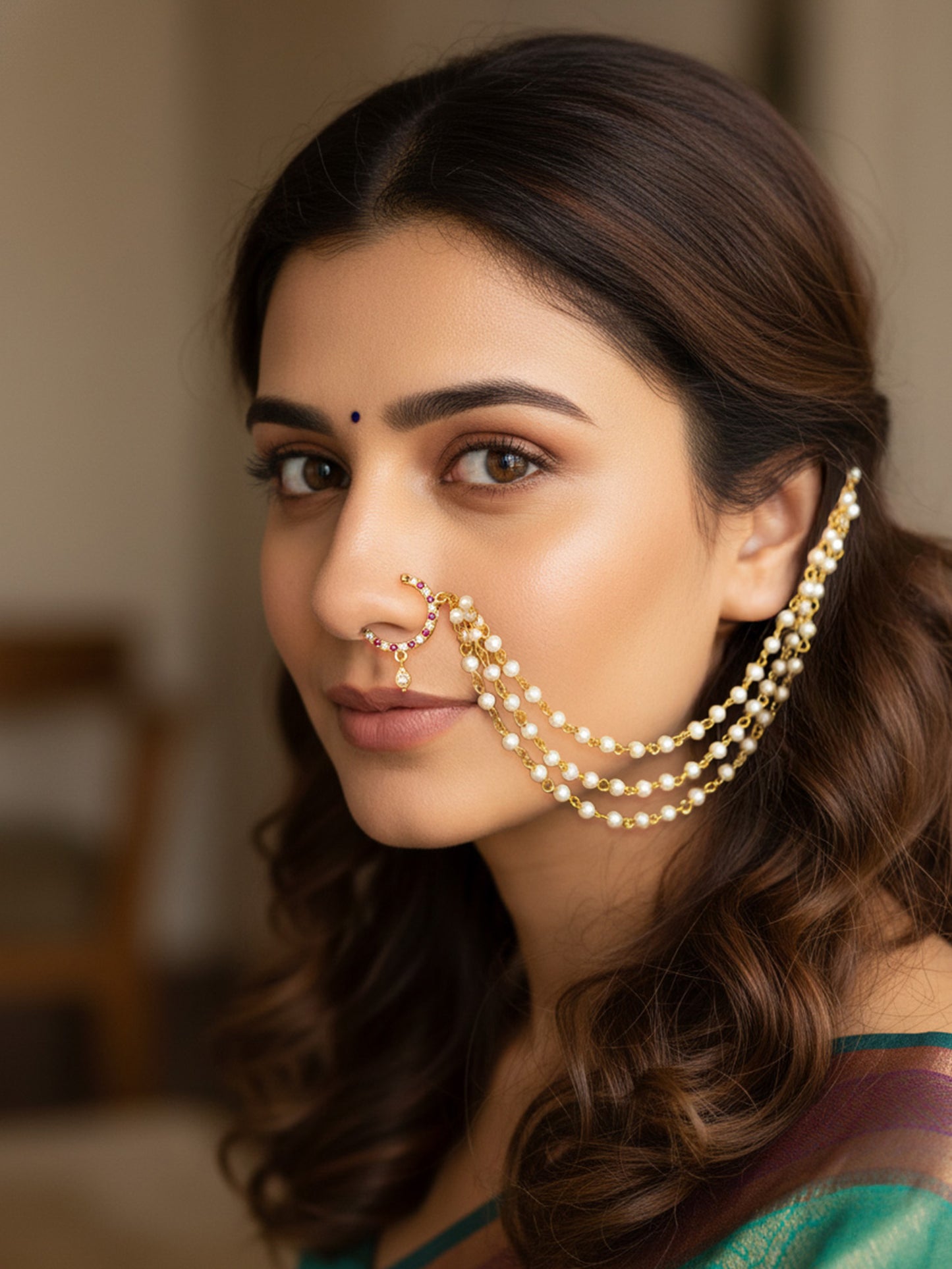 Gold Plated Red AD Nose Ring with 3 line Pearl Chain