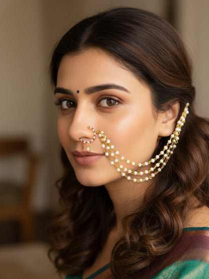 Gold Plated Red AD Nose Ring with 3 line Pearl Chain