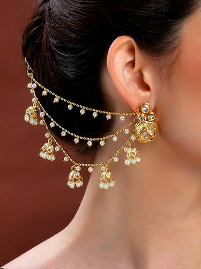 Gold-Plated 3-Layered Beads & Jhumki Drop Ear Chain