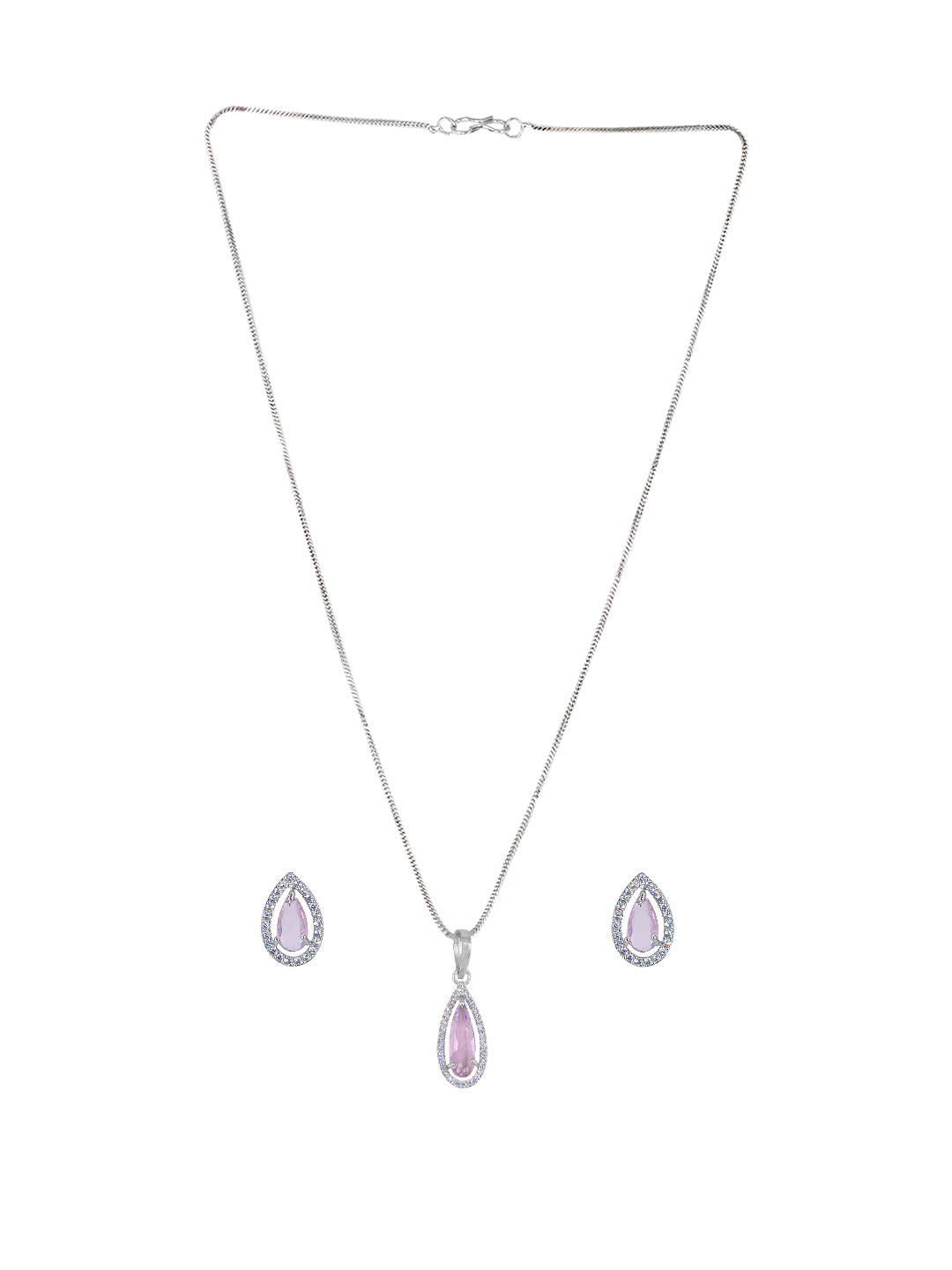 Rhodium Plated Pink Tear Drop American Diamond Pendant Set
