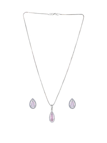 Rhodium Plated Pink Tear Drop American Diamond Pendant Set