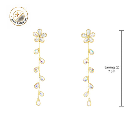 Gold Plated Cubic Zirconia Floral Drop Earrings for Women
