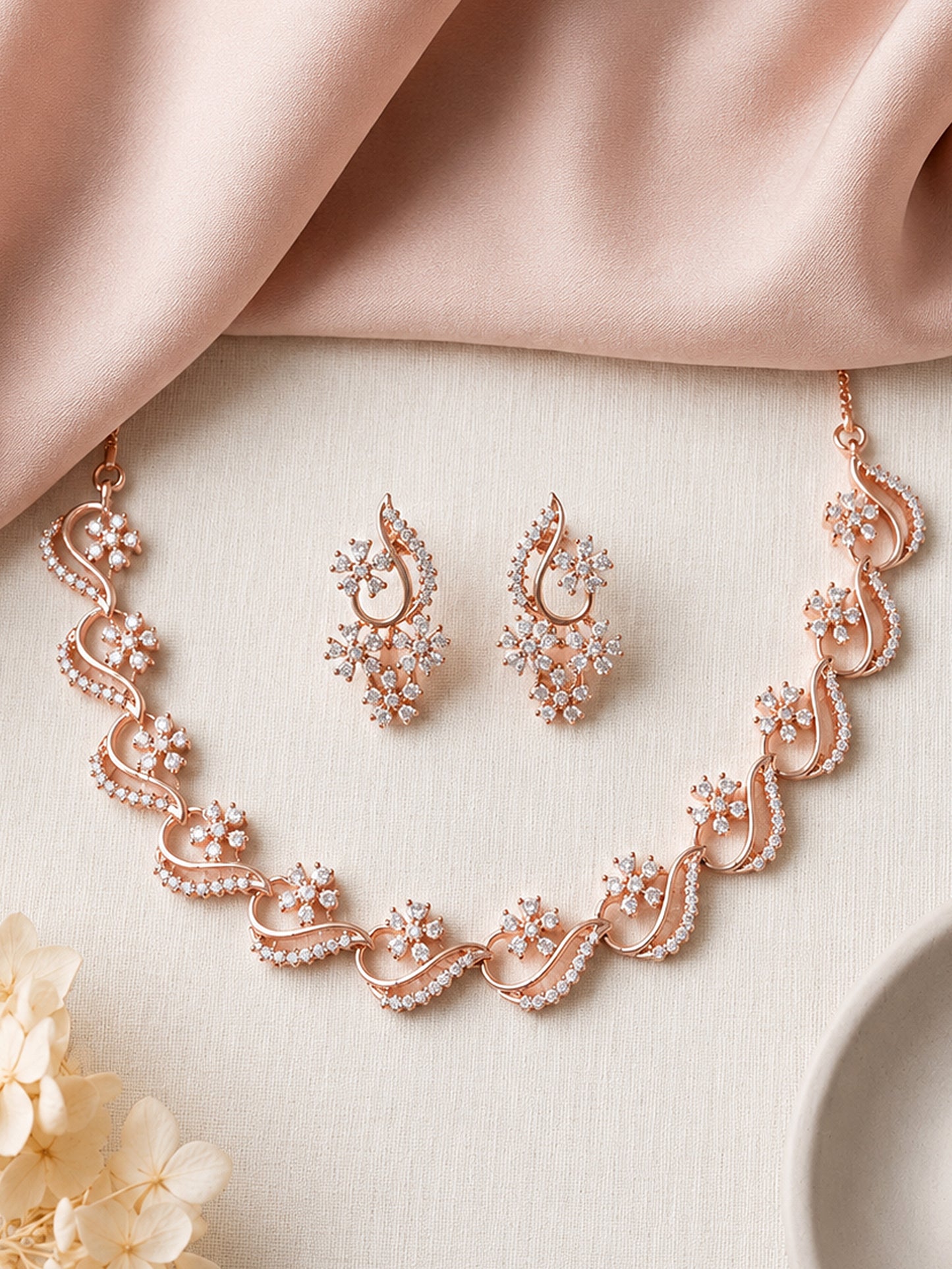 Rose Gold Plated AD Floral Jewellery Set for Women