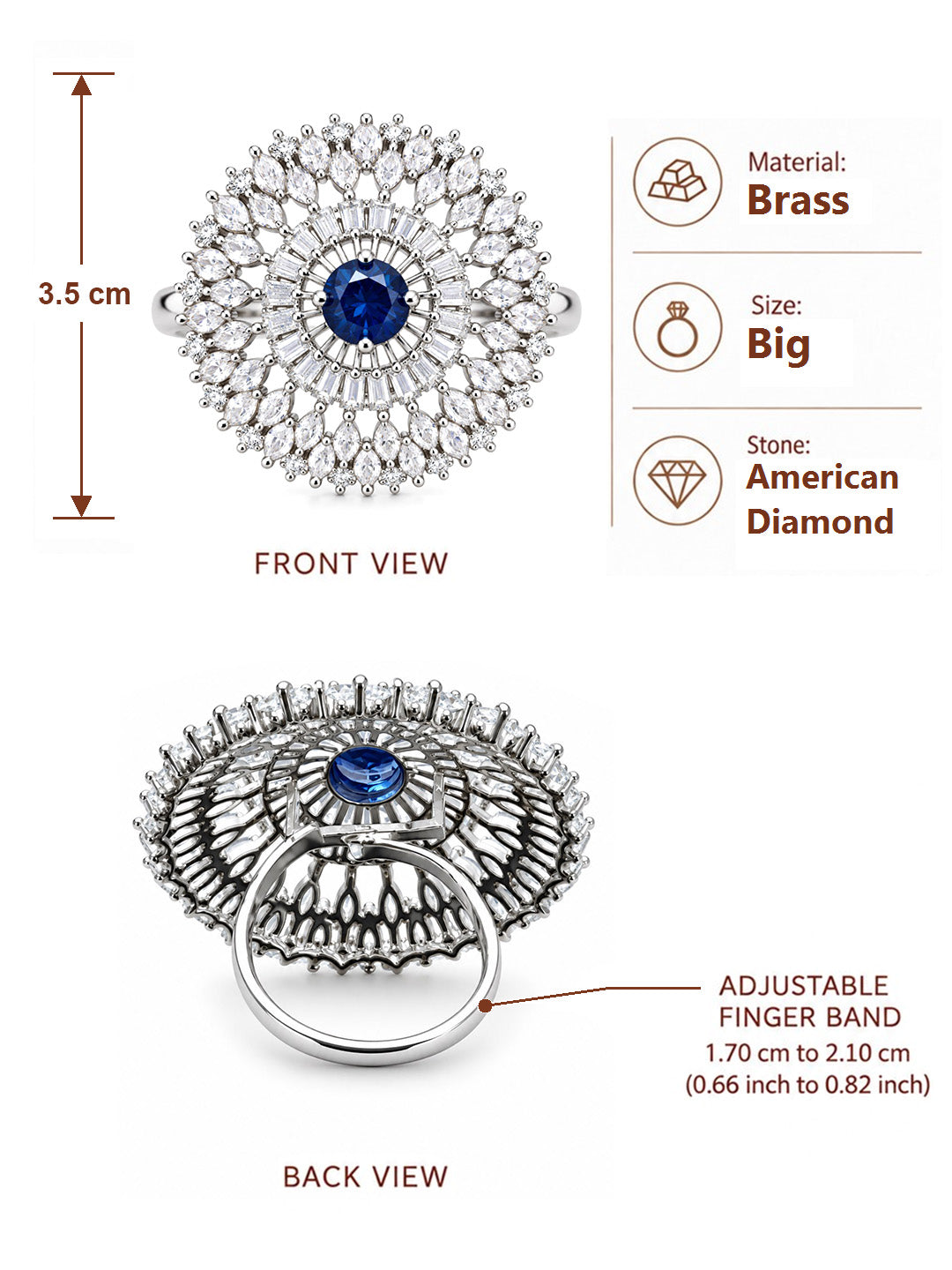 Silver Plated Blue AD Finger Ring for Women